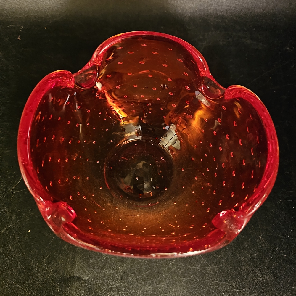 Murano Vintage Hand Blown Red and Amber Art Glass Bullicante Trinket Dish